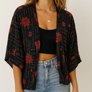 Vtg Chico’s Black Red Dragon Calligraphy Crinkle Kimono L Asian Boho Cut Out Bil